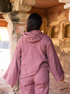 Handmade Mauve Cotton Khadi Hoodie for Women Bohemian Oversized <b>Festival</b> Pullover Hooded <b>Top</b> Loose Fit Drop Shoulder Blouse - Product Image 6