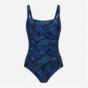 Women One Piece Swimsuit Square Neck Ruched Plant Print <b>Blue</b> Stretch Swimwear - Product Image 1