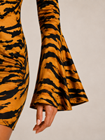 Robe Courte Femme Écologique Imprimé Tigre Manches Longues Manchette Évasée Moulante Décontractée Quotidienne Orange Noir