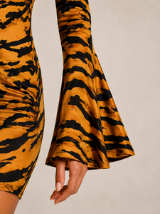 Robe Courte Femme Écologique Imprimé Tigre Manches Longues Manchette Évasée Moulante Décontractée Quotidienne Orange Noir - Product Image 3