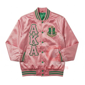 Chaqueta griega personalizada AKA Skee-Wee para mujer en rosa y verde, y chaqueta bomber de punto transpirable con bordado para mujer. - Product Image 1
