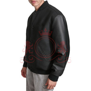Chaqueta Letterman Negra de Estilo Fresco con Acabado Liso y Cuello Acanalado, Atuendo Moderno Casual de Streetwear - Product Image 2