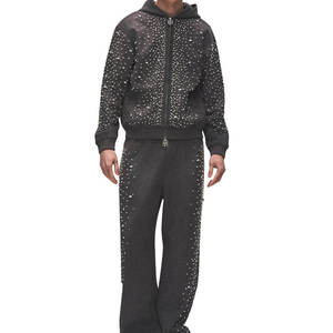 Custom Logo Rhinestone <b>Tracksuit</b> Wholesale Heavyweight Cotton Hoodie and Jogger Pants <b>Y2K</b> Streetwear Set - Product Image 3