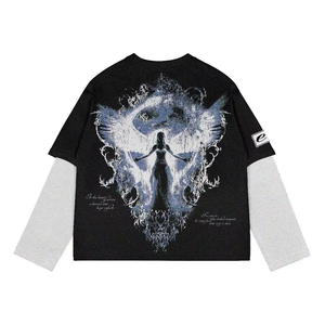 เสื้อยืดพิมพ์ลายแขนยาวคุณภาพสูงทรงโอเวอร์ไซส์สำหรับผู้ชาย ผ้าฝ้ายสองชั้น แขนยาวสองชั้น - Product Image 1