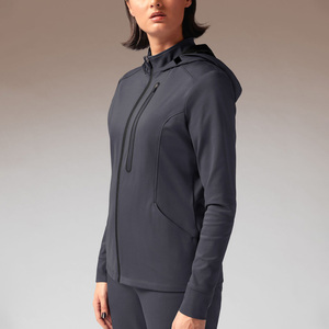 Blouse médicale zippée à capuche gris foncé pour femme en tissu tricoté polyester, détection des aiguilles, uniforme d'hôpital - Product Image 2