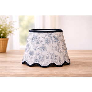 Premium Linen Floral <b>Lampshade</b> | Vintage Blue & <b>White</b> Botanical Printed Fabric Shade with Scalloped Wave Edge & Black Trim - Product Image 4