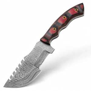 Couteau de camping à lame fixe en acier Damas artisanal avec dos de lame à double tranchant et manche en Micarta rouge-noir - Product Image 1