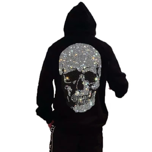 Sweat à capuche d'hiver tricoté pour homme, 100% coton épais, avec fermeture éclair intégrale, strass, logo personnalisé, sans cordon, coupe classique, motif crâne en strass - Product Image 3