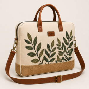 Sac à dos pour ordinateur portable en toile de jute écologique unisexe grande capacité, design imprimé feuilles, fermeture éclair, bandoulière - Product Image 4