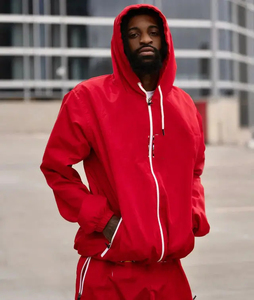 Red Men's Hooded Tracksuit Set Lightweight Polyester Sporty Style Zipper Closure Side Pockets Summer Wear Men Windbreaker Sets - Product Image 3