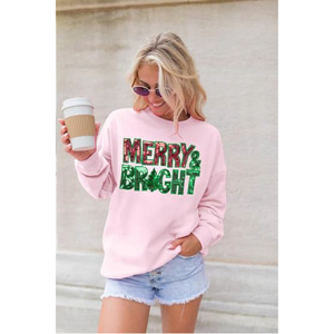 Custom OEM <b>Women</b> Festive Sequin Patchwork Merry Bright Pink Crewneck <b>Sweatshirt</b> Premium Heavyweight Fleece Oversized <b>Christmas</b> - Product Image 1
