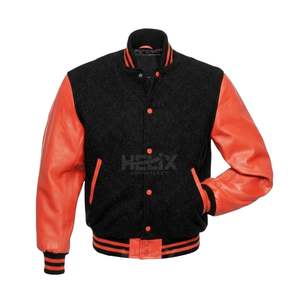 Chaquetas Varsity con Mangas de Cuero Negro y Naranja, Chaquetas de Béisbol Universitarias de Tela de Lana con Diseño Personalizado, Transpirables - Product Image 1