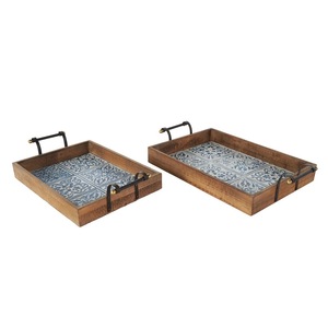 Wooden Tray <b>Set</b> Rectangular Acacia Wood Serving Tray with Metal Handles Coffee <b>Tea</b> Snack Breakfast Vintage Display Tray - Product Image 3