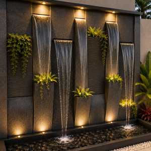 Fontaine murale moderne en marbre pour jardin extérieur, avec cascade à plusieurs niveaux et lames d'eau en verre illuminées - Product Image 2