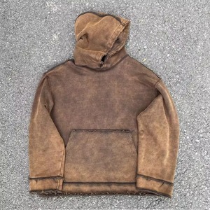 Streetwear 100% Cotton Hoodie Custom Men Heavyweight Oversized Vintage Acid <b>Wash</b> Distressed Raw Hem Premium Quality OEM ODM - Product Image 1