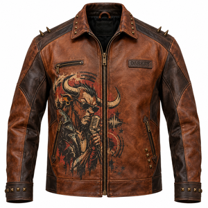 Brown Mens Leather Jacket Bull Graphic Print Spiked <b>Studded</b> Biker Coat Lapel Collar Custom OEM ODM Factory Wholesale Production - Product Image 1