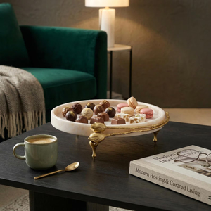 White Marble Serving <b>Tray</b> Decorative Pedestal <b>Tea</b> <b>Tray</b> with Leaf Design Handle for Afternoon <b>Tea</b> Table Decor Round Shape <b>Tray</b> - Product Image 3