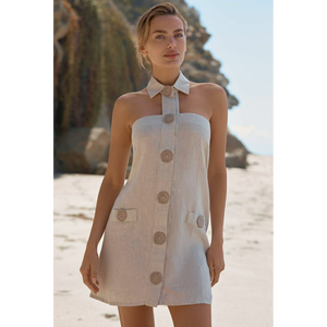 เดรสสั้นผ้าลินินคอปกแบบผูกเชือกติดกระดุม หรือ เสื้อเชมิสผ้าลินินติดกระดุมลายเหรียญ - Product Image 2