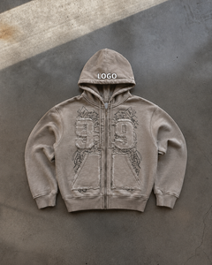 Vintage Washed Pullover Hoodie Men Oversized Streetwear Distressed Applique Heavyweight Cotton Casual <b>Hooded</b> Jacket <b>Fleece</b> - Product Image 1
