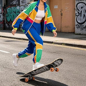 ชุดวอร์มย้อนยุคสไตล์ 90s สีสันตัดกัน สำหรับผู้ใหญ่ แบบ unisex ชุดเซ็ต 2 ชิ้น เสื้อแจ็คเก็ตแขนยาวกันลม พร้อมกางเกงขายาวเข้าชุด สไตล์ฮิปฮอป 100% - Product Image 4