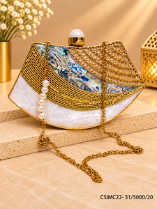 Pochette mosaïque en nacre MOP en métal doré faite à la main avec chaîne pour mariage et soirée - Product Image 3