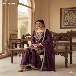 Vêtements ethniques attrayants de qualité supérieure GMY SILK avec broderie de sequins, ensemble Sharara, haut et dupatta, fournisseur d'Inde. - Product Image 1
