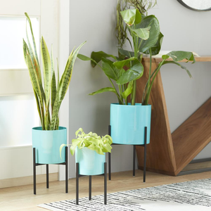 Pots de fleurs en métal turquoise avec supports en fer noir, supports cylindriques modernes pour plantes d'intérieur et d'extérieur, jardin, balcon, salon - Product Image 4