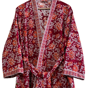 Albornoz de algodón gofrado rojo con estampado floral hecho a mano, ecológico, de secado rápido, para mujer, kimono largo de lujo para el hogar y viajes - Product Image 4