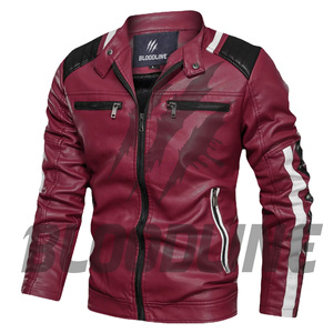 Men's Black PU Leather Moto Jacket With Red Accents Turn-<b>down</b> Collar Zipper Closure Slim Fit Autumn Wear - Product Image 3