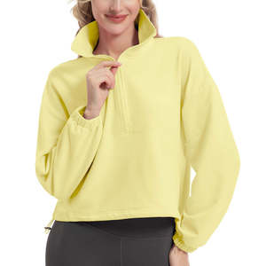 เสื้อครอปท็อปผู้หญิงสีเหลืองทรงโอเวอร์ไซส์ ผ้าฟลีซ ซิปครึ่งตัว แขนยาว คอตั้ง เสื้อสเวตเชิ้ตสำหรับใส่ในฤดูใบไม้ร่วง - Product Image 1