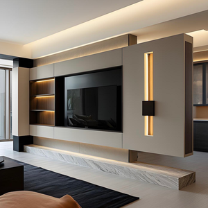 Mobile TV <span class=keywords><strong>Moderno</strong></span> Personalizzato con Design a Pannelli in Legno, Unità a <span class=keywords><strong>Parete</strong></span> con Contenitore Integrato, Arredamento per <span class=keywords><strong>Soggiorno</strong></span> - Product Image 1