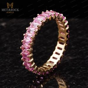 Baguette Cut Genuine Pink Sapphire Gemstone Solid 14k Yellow Gold Handmade Eternity Band <b>Stack</b> <b>Ring</b> Jewelry - Product Image 5