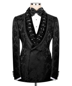 Men’s Black Floral Jacquard Tuxedo Suit – Luxury Embellished Designer <b>Blazer</b> for Wedding, Prom & Evening Party Wear - Product Image 1