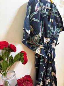 Women Black Floral Print Cotton <b>Kaftan</b> Dress | V-neck Batwing Sleeve Maxi Safari <b>Beach</b> Cover-Up Boho Resort Wear Free Size - Product Image 4