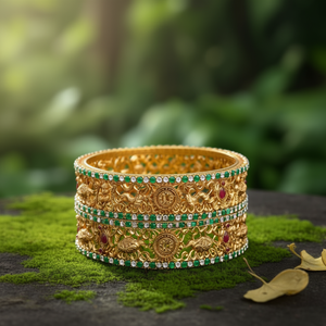 Women's Antique Gold Plated Lakshmi Kada <b>Bangles</b> with <b>Jade</b> Bezel Setting for Wedding-Nova Mart - Product Image 3