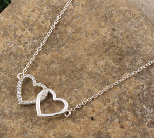 925 Sterling <b>Silver</b> Platinum Plated Vintage Double <b>Heart</b> <b>Necklace</b> Interlocking Love <b>Heart</b> Pendant Dainty Minimalist Two <b>Hearts</b> - Product Image 4