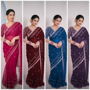 <b>Red</b> Embroidered Premium Frendy Chiffon Saree Gold Thread Work Summer Quick Dry Slim Fit Wedding Party Wear Women Traditional - Product Image 4
