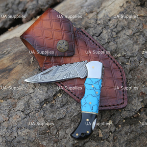 UA Supplies Luxury Industrial Grade Damascus Steel Back <b>Lock</b> Clip Point Folding Knife Turquoise Gemstone Handle Handmade Hunting - Product Image 5