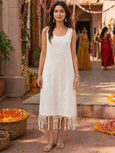 Handcrafted Linen Maxi <b>Dress</b> for Women Sustainable <b>Boho</b> Chic Sleeveless <b>Summer</b> Outfit Artisanal Off-White Casual Resort Wear - Product Image 5
