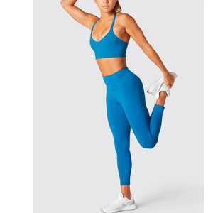 Conjunto de Yoga para Mujer, Azul Sólido, Leggings sin Costuras de Cintura Alta, Top Corto Deportivo, 2 Piezas, Ropa Deportiva, Spandex y Poliéster - Product Image 4