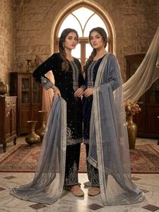 Velvet Embroidered Indian Pakistani Floor-Length Salwar Kameez Set Net Dupatta Wrinkle-Free Traditional <b>Dress</b> for Wedding - Product Image 1