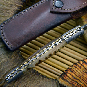 Couteau de chasse en acier Damas, lame à pointe tombante, avec manche en bois et étui en cuir, pour usage en plein air et camping - Product Image 5