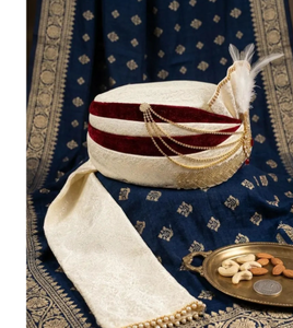 Royal Maroon Velvet Sherwani Turban Ivory Silk Safa with Kalgi Pearl Beaded Pagri - Product Image 1