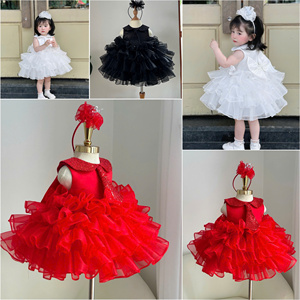 174 Red <b>Girls</b> Party Gown Sparkling Collar Matching Tie Layered Ruffle Skirt Oversized Satin Back Bow by Nhung Nguyen Factory - Product Image 5