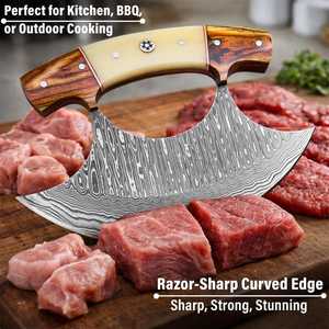 Custom Handmade Damascus Steel Pizza Cutter Ulu Knife Premium Wooden & Bone Handle Kitchen Axe with Genuine Leather Sheath - Product Image 4