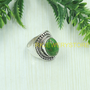 แหวนเงินแท้ 925 ประดับเทอร์ควอยซ์สีเขียวทองแดง งานแฮนด์เมด สไตล์วินเทจ โบโฮ ทรงโดม คาโบชอง ของขวัญสำหรับทุกเพศ - Product Image 5