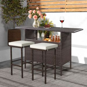 Set of 2 Patio Wicker Bar <b>Stools</b> with Comfortable Seat <b>Cushions</b> and Footrest for Outdoor Entertaining - Product Image 2