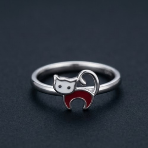Anillo de Plata de Ley 925 con Esmalte de Gato Blanco y Rojo, Diseño de Gatito, Joyería de Moda, Regalo para Mujeres y Niñas - Product Image 1