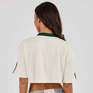 Crop top blanc pour femme, col en V, manches courtes, coupe ample sportive, respirant, avec logo vert, printemps été - Product Image 4