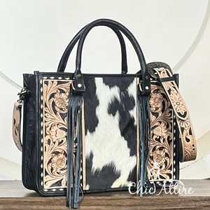 Sac à main pour femme en cuir véritable de haute qualité, grande capacité, luxe, artisanal, style western, en cuir de vache, floral, avec poche dissimulée, sac bandoulière - Product Image 1